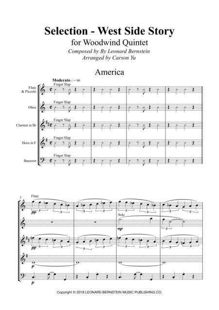 Selection West Side Story America For Woodwind Quintet Sheet Music