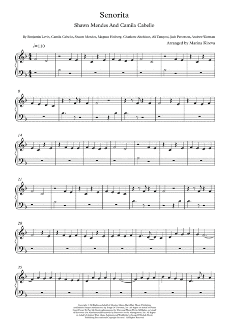 Free Sheet Music Senorita By Shawn Mendes And Camila Cabello Beginner Piano With Note Names In Easy To Read Format