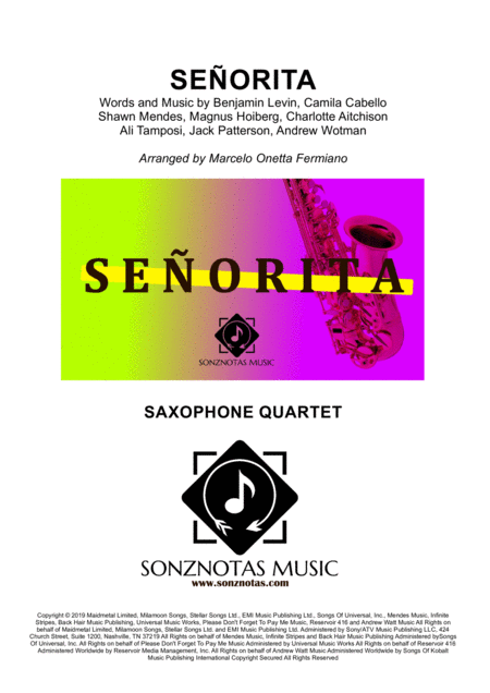 Free Sheet Music Senorita Saxophone Quartet Score And Parts By Shawn Mendes And Camila Cabello