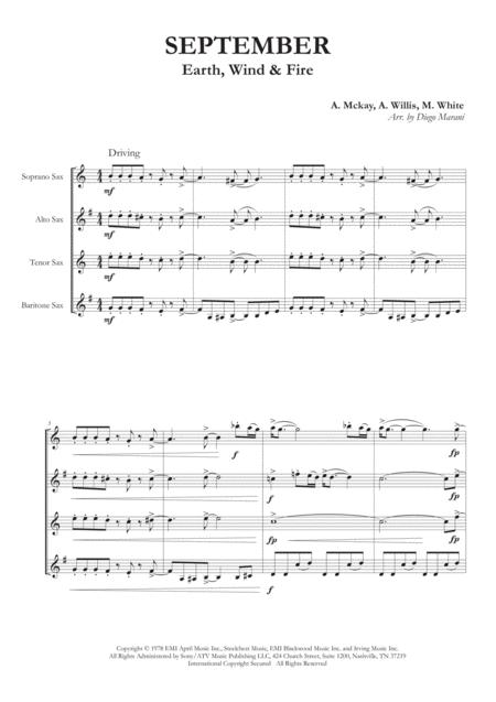 Free Sheet Music September By Earth Wind Fire For Saxophone Quartet