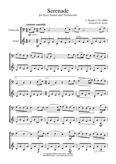 Serenade Abridged For Cello And Easy Guitar Sheet Music