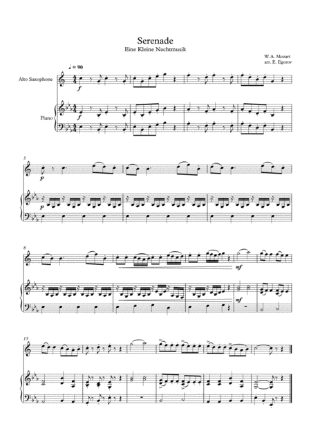 Serenade Eine Kleine Nachtmusik Wolfgang Amadeus Mozart For Alto Saxophone Piano Sheet Music