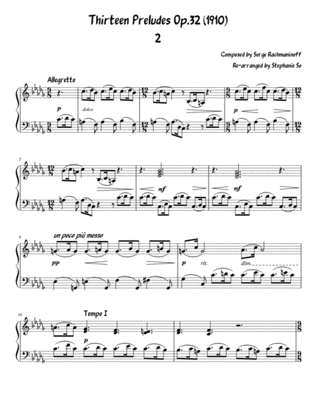 Serge Rachmaninoff 13 Prelude Op 32 No 2 Easy Intermediate Piano Sheet Music