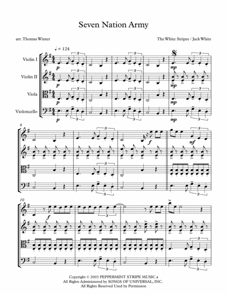 Free Sheet Music Seven Nation Army String Quartet Trio Or Duo