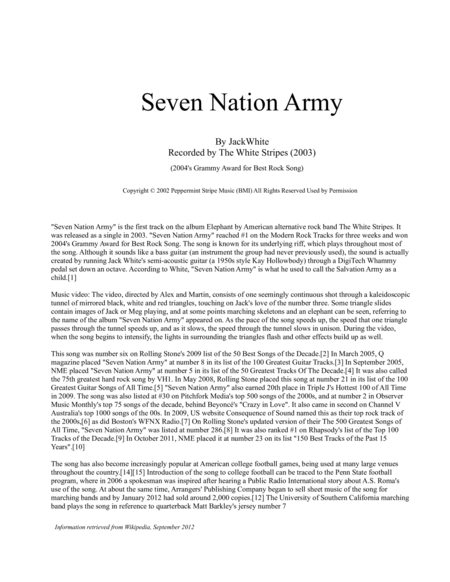 Seven Nation Army White Stripes 2003 For Pep Band Basketball Band Jazz Combo Small Jazz Ensemble Sheet Music