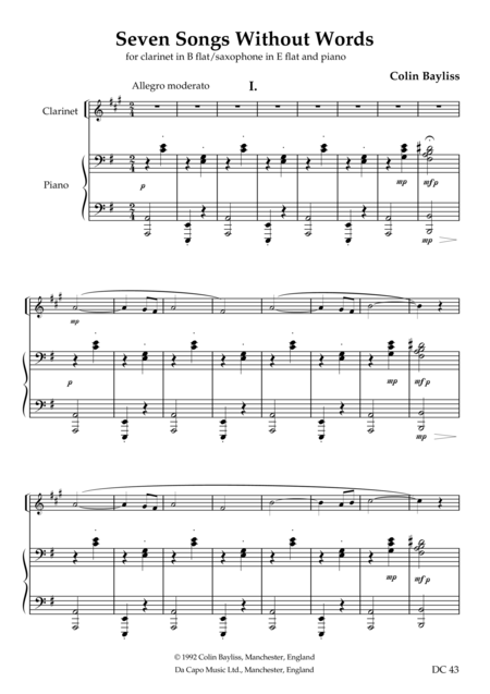 Seven Songs Without Words For Clarinet Or Saxophone And Piano Sheet Music