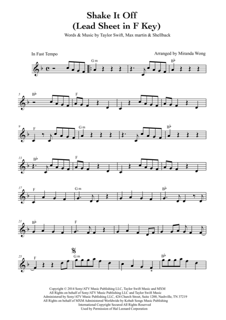 Shake It Off Tenor Or Soprano Saxophone Solo Lead Sheet In F Key Sheet Music