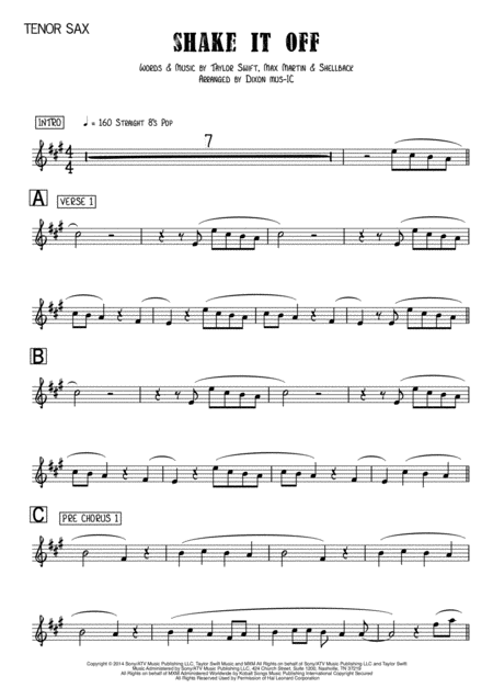 Shake It Off Tenor Saxophone Piano Sheet Music