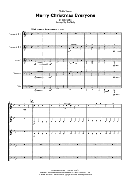 Free Sheet Music Shakin Stevens Merry Christmas Everyone For Brass Quintet