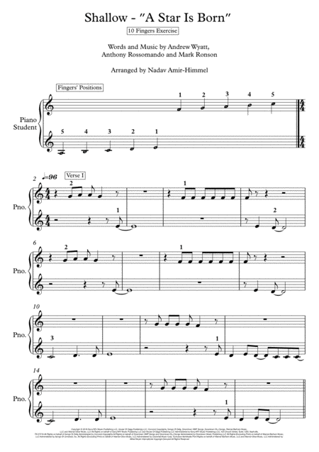 Shallow A Star Is Born 10 Fingers Exercise Sheet Music