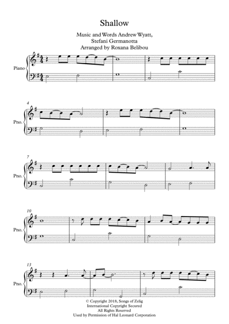 Shallow From A Star Is Born Easy Piano Sheet Music