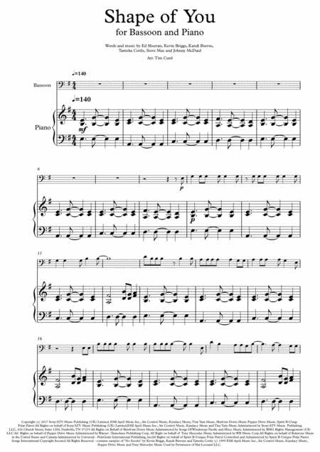 Shape Of You For Bassoon And Piano Sheet Music