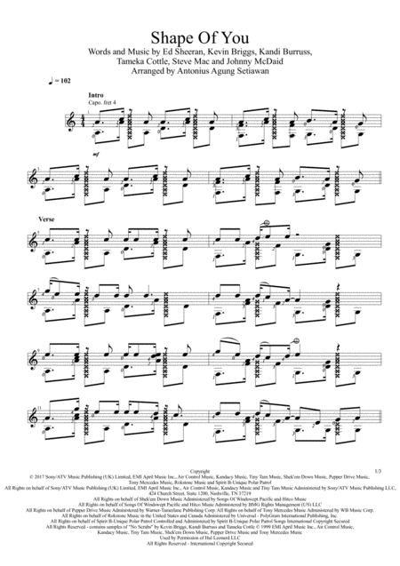 Shape Of You Solo Guitar Score Sheet Music