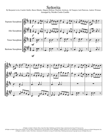 Shawn Mendes Camila Cabello Senorita Sax Quartet Sheet Music