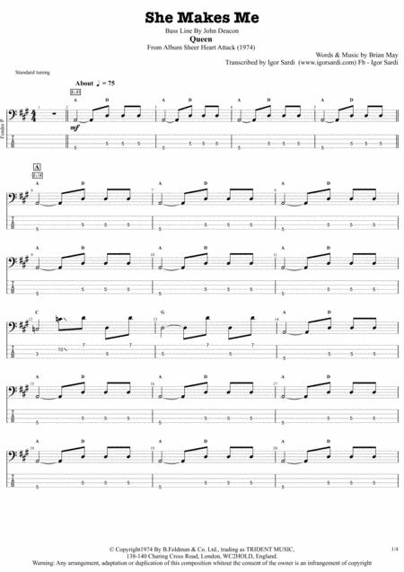 She Makes Me Queen John Deacon Complete And Accurate Bass Transcription Whit Tab Sheet Music