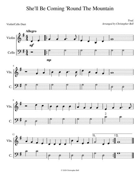 She Will Be Coming Round The Mountain Easy Violin Cello Duet Sheet Music