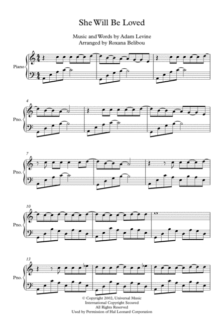 She Will Be Loved A Minor By Maroon 5 Piano Sheet Music