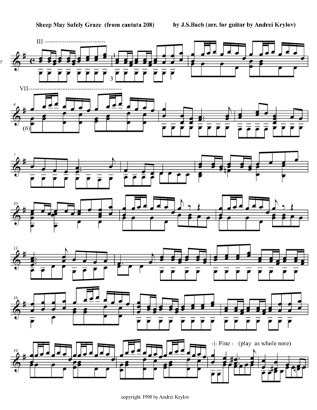 Free Sheet Music Sheep May Safely Graze From Cantata Bwv 208 By Johann Sebastian Bach Arranged For Classical Guitar By Andrei Krylov