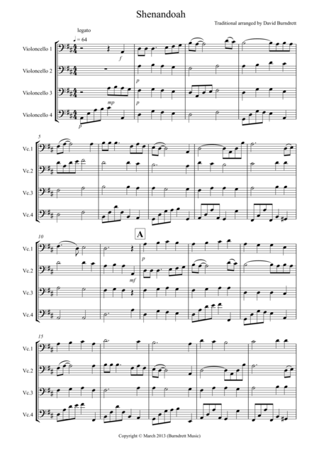 Shenandoah For Cello Quartet Sheet Music