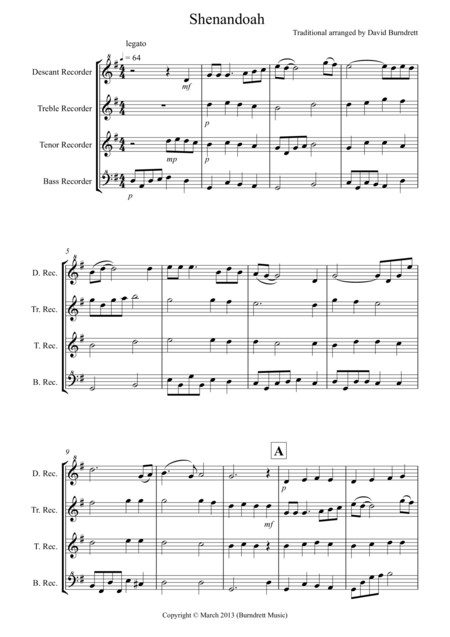 Shenandoah For Recorder Quartet Sheet Music