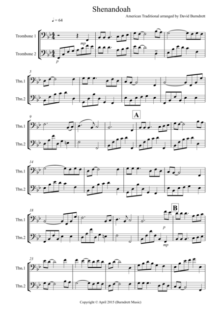 Shenandoah For Trombone Duet Sheet Music