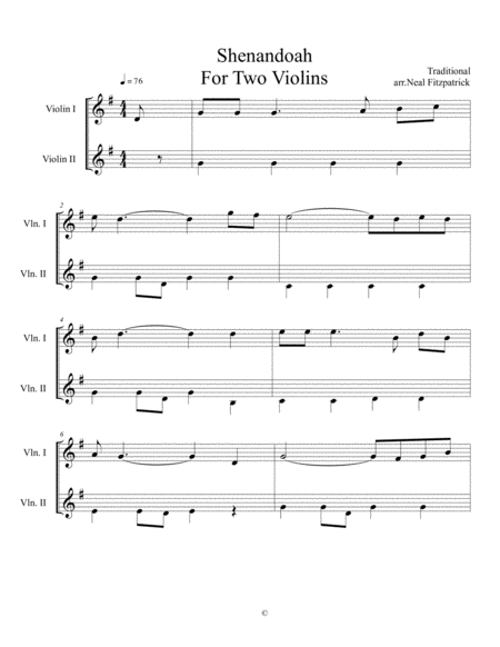 Shenandoah For Two Violins Sheet Music