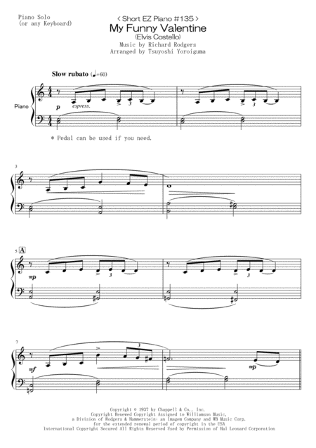 Free Sheet Music Short Ez Piano 135 My Funny Valentine Elvis Costello