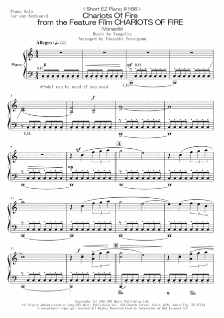 Short Ez Piano 166 Chariots Of Fire From The Feature Film Chariots Of Fire Vangelis Sheet Music