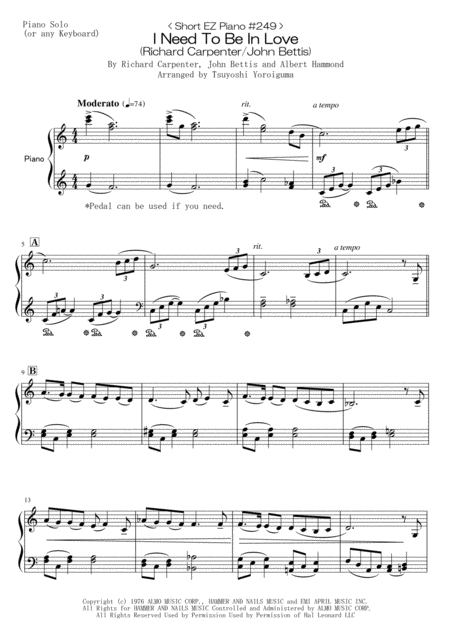 Short Ez Piano 249 I Need To Be In Love Richard Carpenter John Bettis Sheet Music