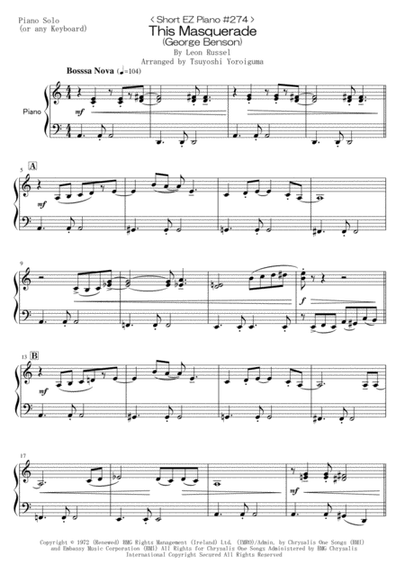 Free Sheet Music Short Ez Piano 274 This Masquerade George Benson