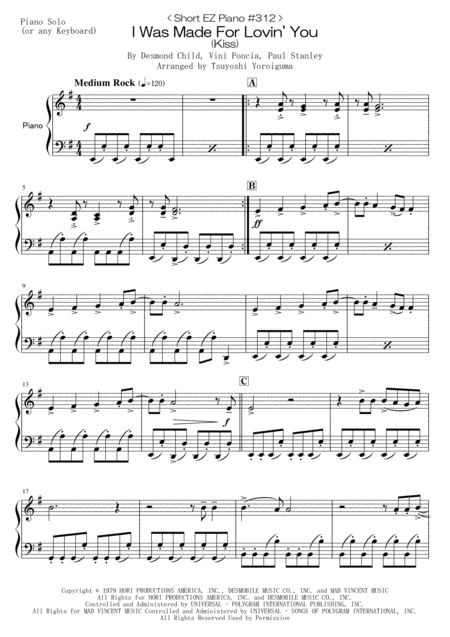 Short Ez Piano 312 I Was Made For Lovin You Kiss Sheet Music