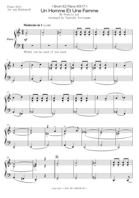 Free Sheet Music Short Ez Piano 317 Un Homme Et Une Femme