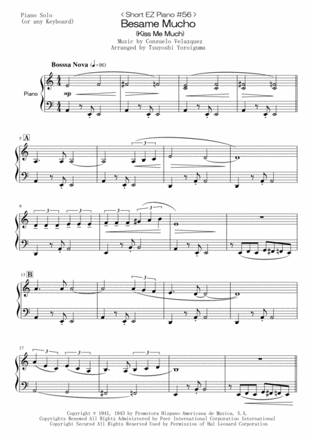 Free Sheet Music Short Ez Piano 56 Besame Mucho Kiss Me Much