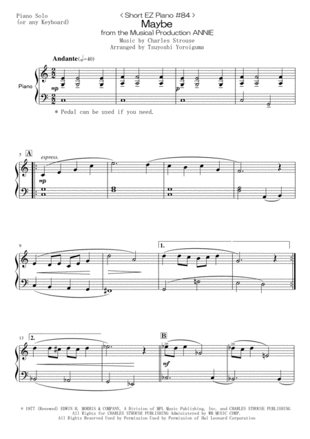 Free Sheet Music Short Ez Piano 84 Maybe From The Musical Production Annie