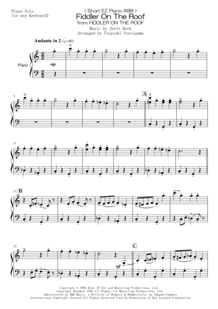 Short Ez Piano 88 Fiddler On The Roof From Fiddler On The Roof Sheet Music