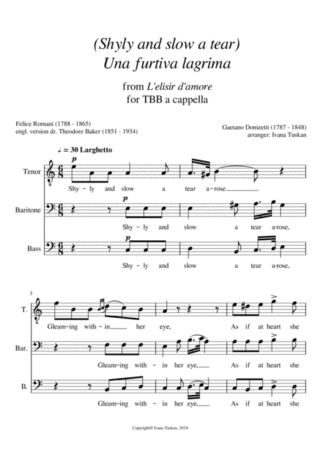 Shyly And Slow A Tear Una Furtiva Lagrima Tbb A Cappella A Minor Sheet Music