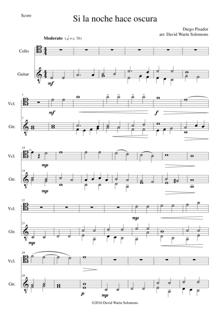 Si La Noche Hace Oscura For Cello High Version And Guitar Sheet Music