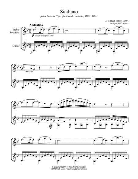 Free Sheet Music Siciliano Bwv 1031 For Treble Recorder And Guitar G Minor