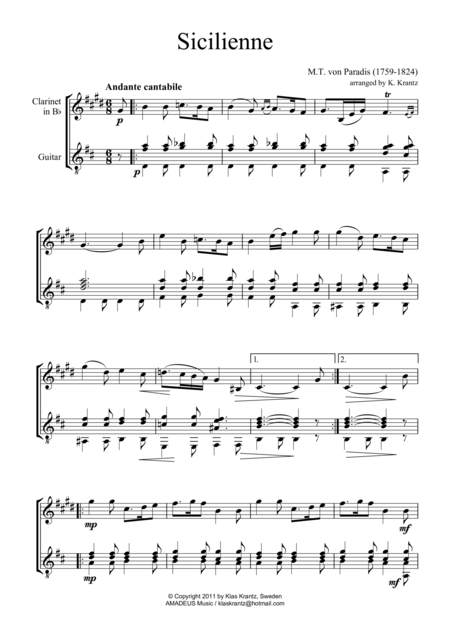 Siciliano For Clarinet In Bb And Guitar Sheet Music