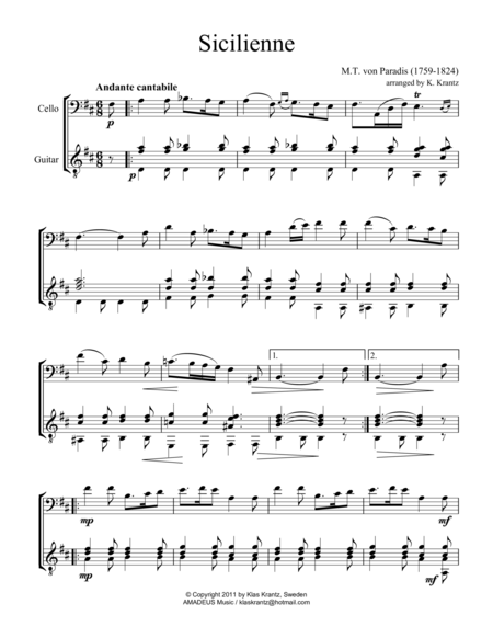 Sicilienne For Cello And Guitar Sheet Music