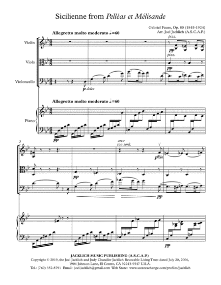 Free Sheet Music Sicilienne From Pelleas Et Melisande For Piano Quartet