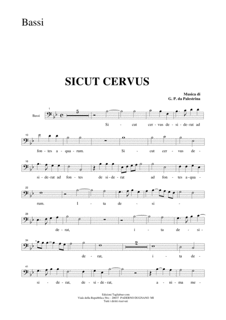 Sicut Cervus G P L Da Palestrina Part For Bass Sheet Music