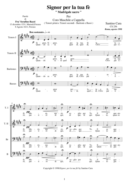 Free Sheet Music Signor Per La Tua F Sacred Madrigal For Male Choir Ttbrb A Cappella