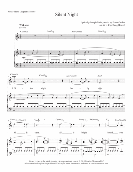 Free Sheet Music Silent Night Arr D Howell Tenor Soprano C