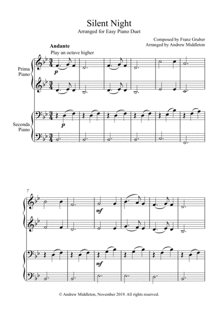 Free Sheet Music Silent Night Arranged For Easy Piano Duet