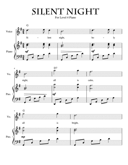 Silent Night For Early Intermediate Level Four Piano Sheet Music