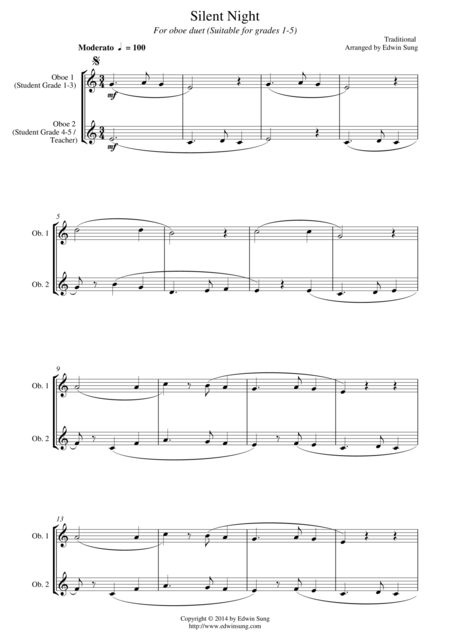 Free Sheet Music Silent Night For Oboe Duet Suitable For Grades 1 5