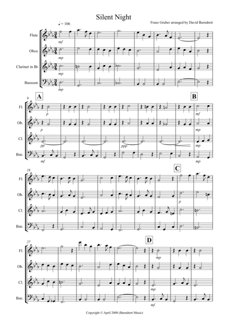 Silent Night For Wind Quartet Sheet Music