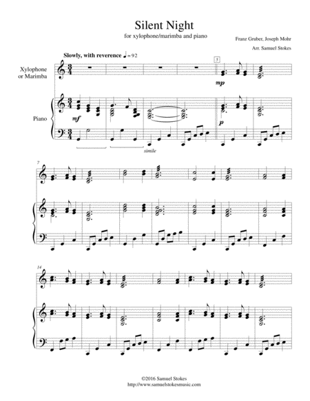 Free Sheet Music Silent Night For Xylophone Or Marimba And Piano
