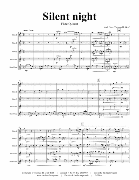 Silent Night Stille Nacht Jazz Waltz Flute Quintet Sheet Music